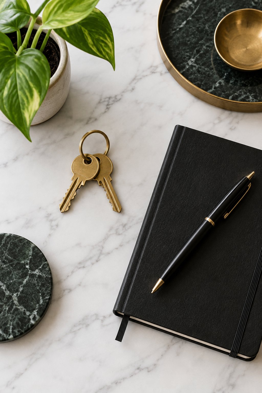 Illustrative desk flat-lay with house keys and a notebook