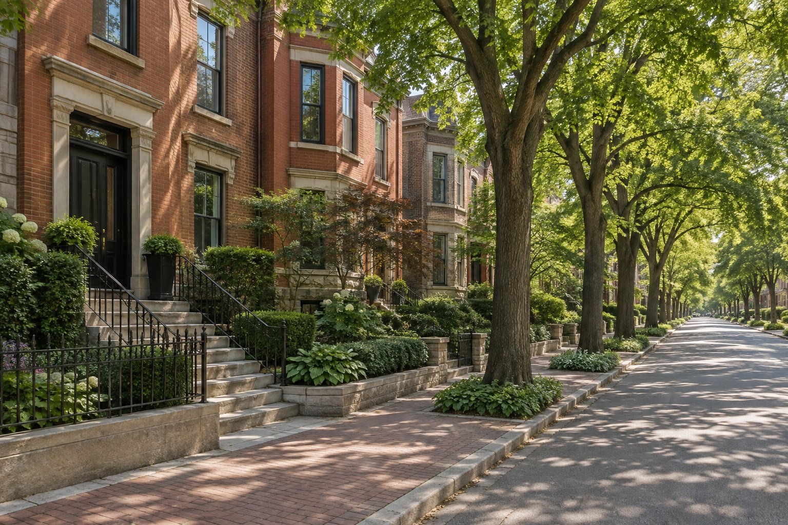 A quiet Detroit residential street with historic brick homes, illustrative