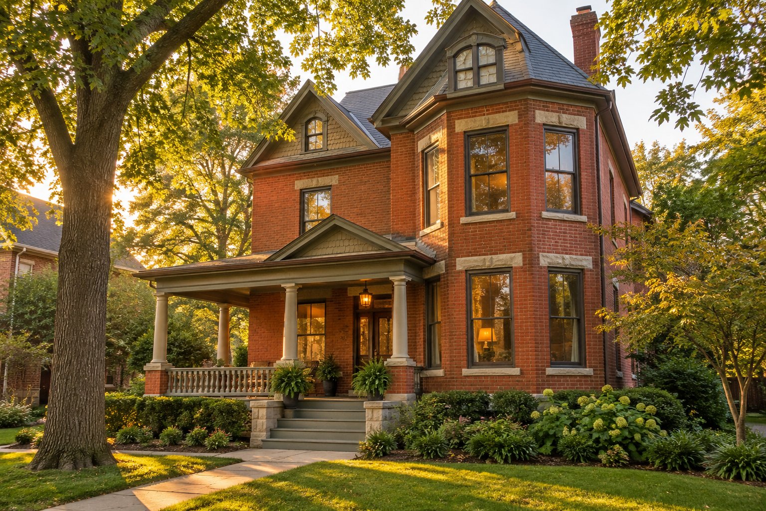 A restored historic brick home with a front porch in a Detroit neighborhood at golden hour, illustrative