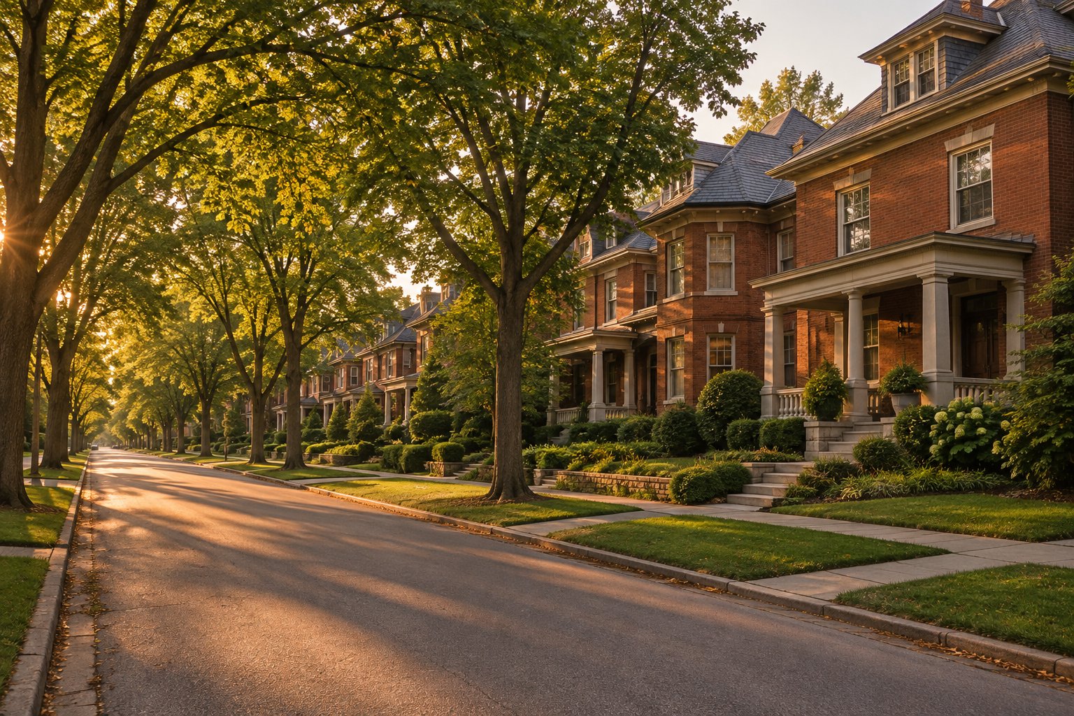 A tree lined Detroit street at golden hour, illustrative