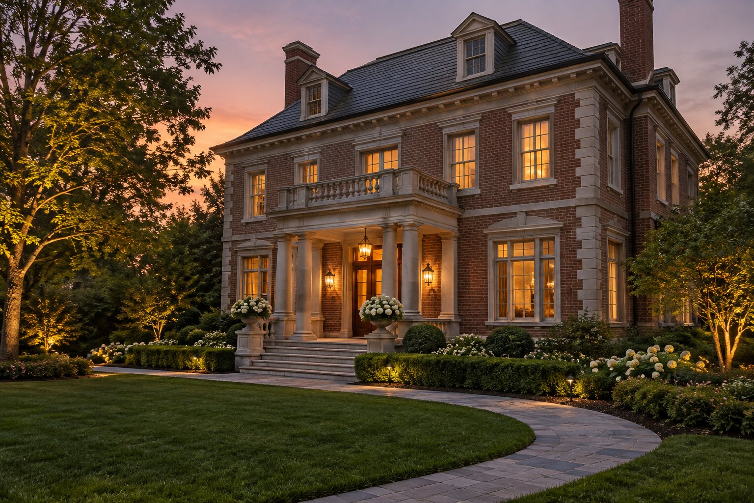 A historic Detroit home at dusk, illustrative