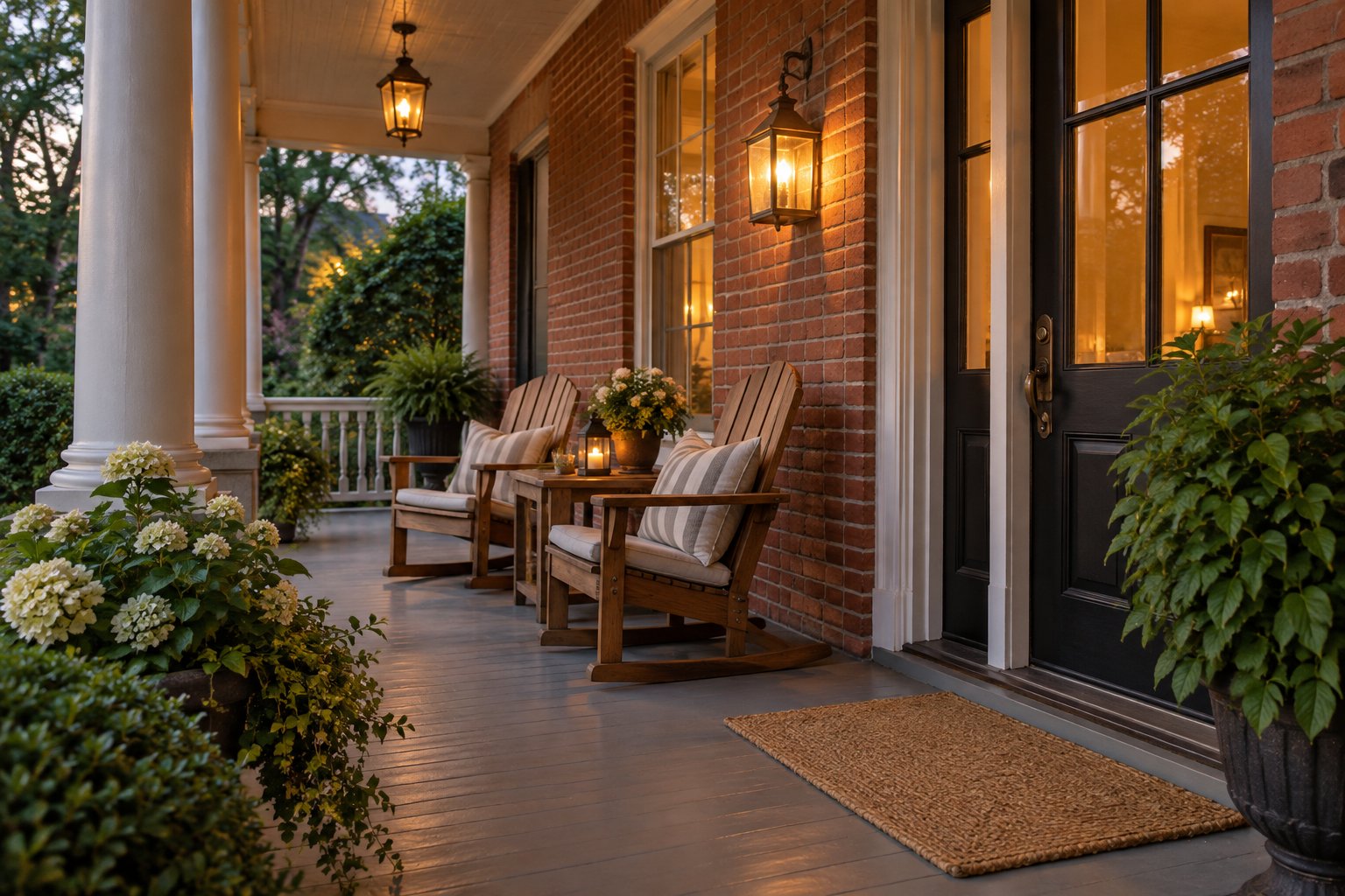 A cozy front porch of a historic home, illustrative